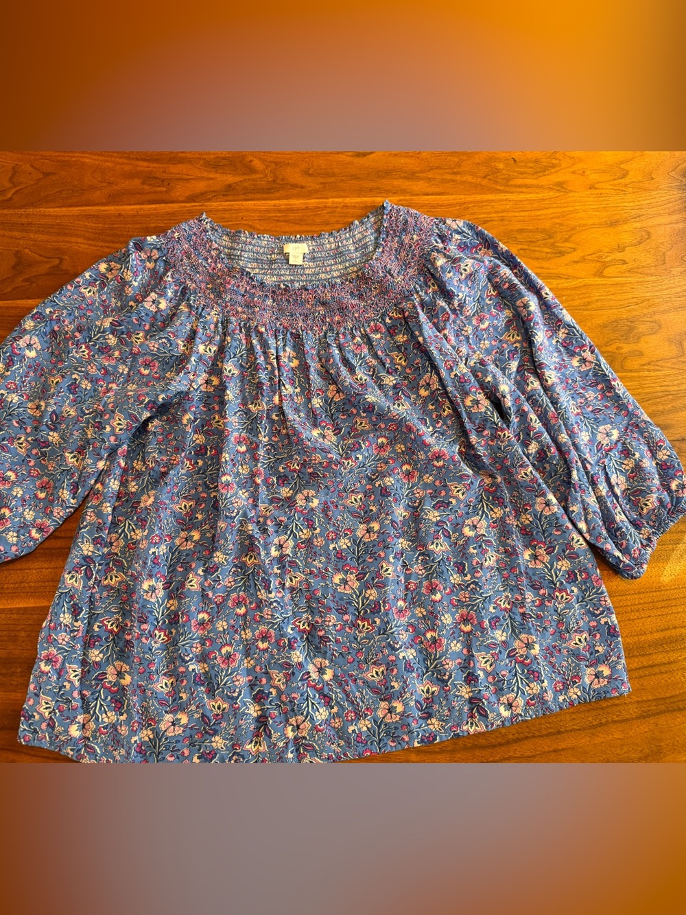 J Jill Ditsy Floral Peasant Blouse with Smocked Neckline 3/4 Sleeves. EUC Sz L P